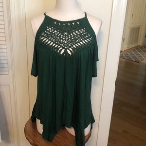 ⚡️ DARK Green Cold Shoulder Blouse with crochet Neckline  Size XL NWOT-